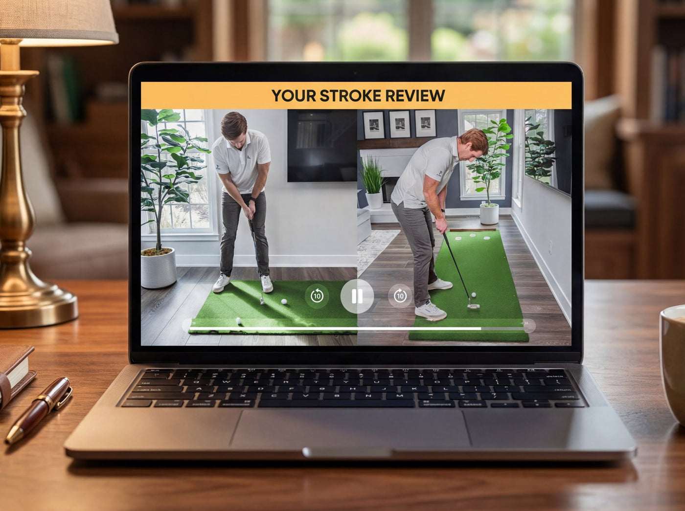 Your stroke review — laptop showing a personal coaching video from Iain Lowdean, PGA, with annotated face-on and down-the-line angles of the buyer's putting stroke