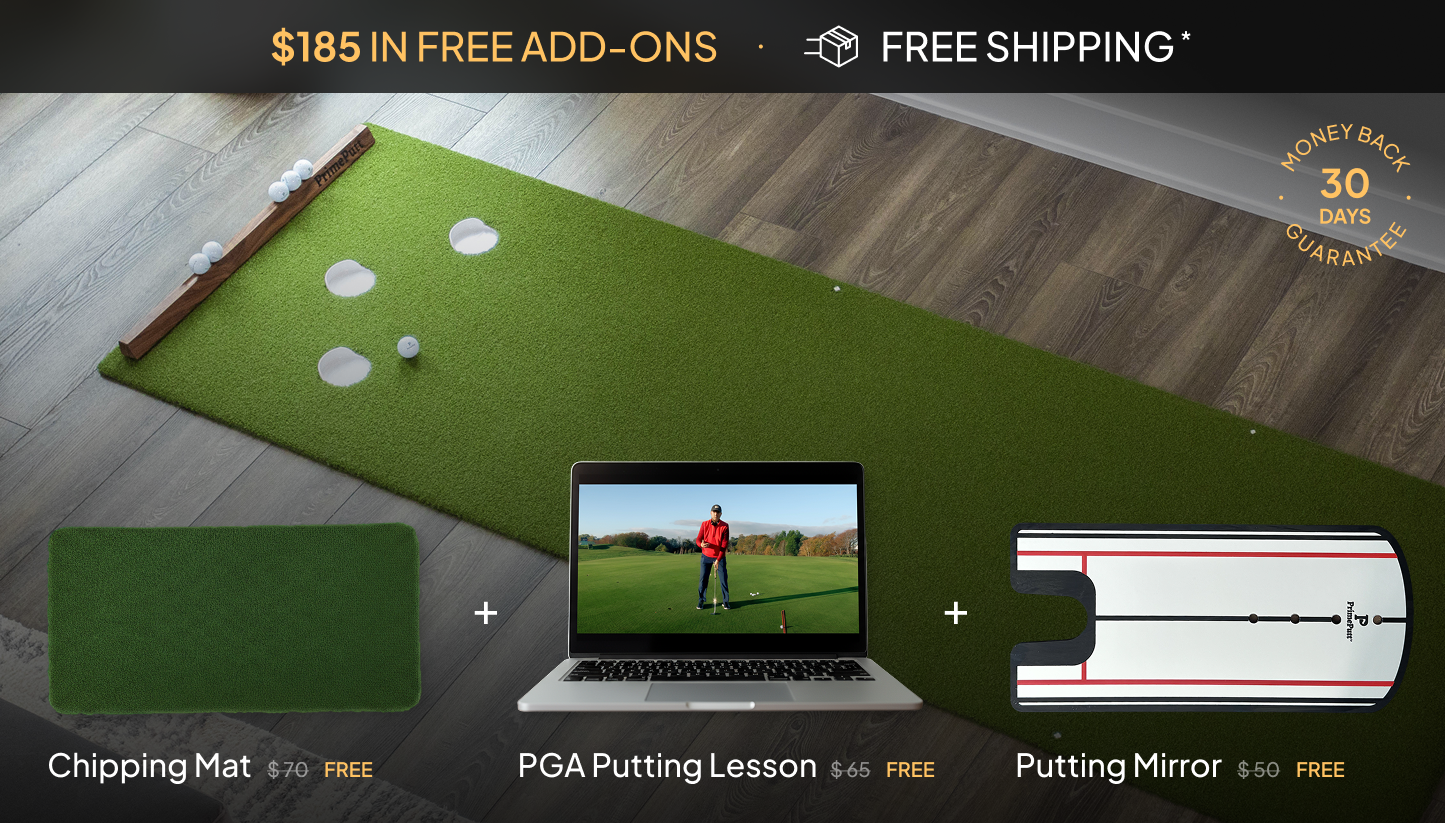 Golf training setup with putting mat, chipping mat, laptop, and putting mirror on a wooden floor.