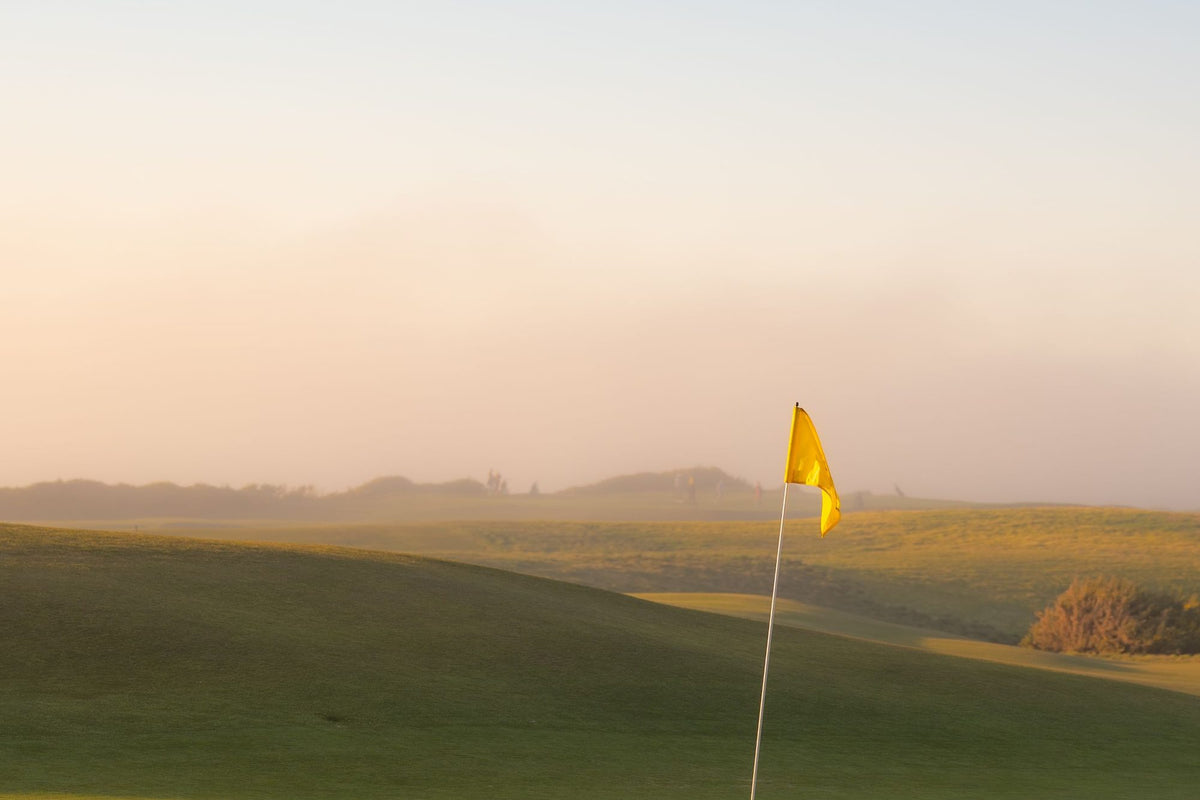 An empty, mown golf course putting green with a yellow flagstick, photographed in low early-morning light