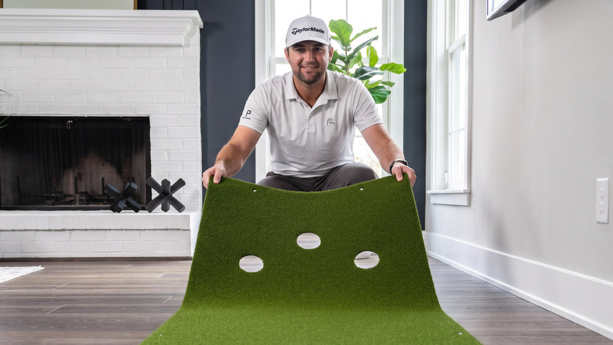 Taylor Montgomery practicing on a PrimePutt putting mat