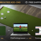 Golf training setup with putting mat, chipping mat, laptop, and putting mirror on a wooden floor.