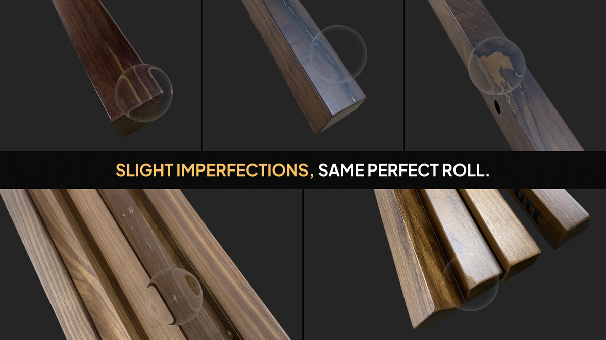 Examples of minor cosmetic imperfections on walnut backstops — slight marks, finish variations, tiny knots. Same perfect roll.