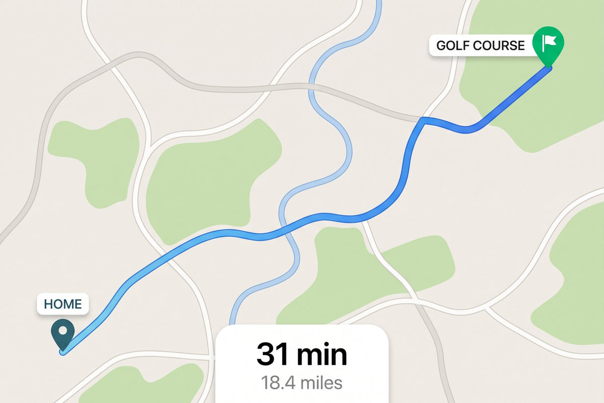 A simplified navigation map showing a 31-minute, 18.4-mile route from Home to a golf course