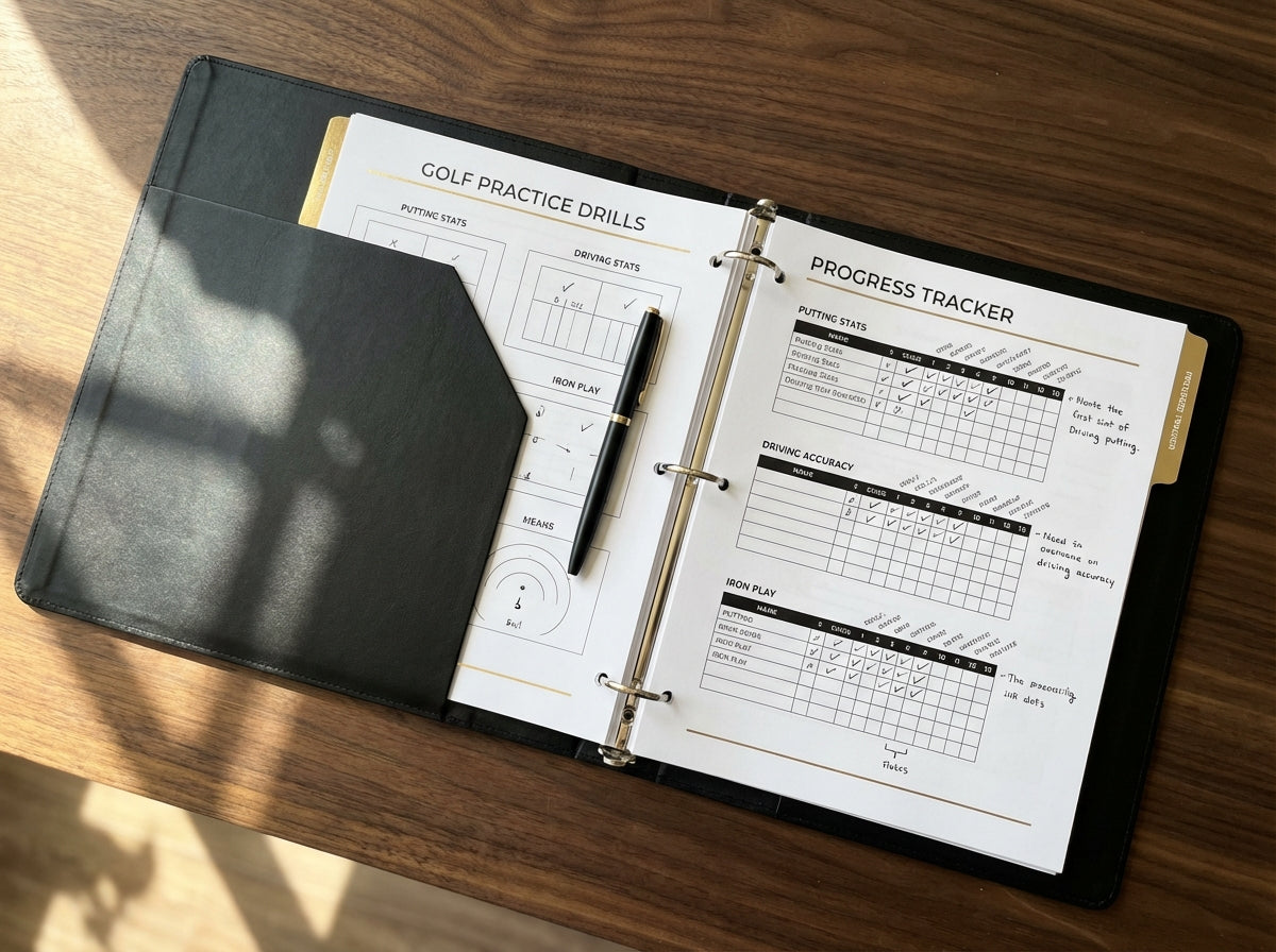 Printed drill cards and progress trackers in an open binder on a wooden desk