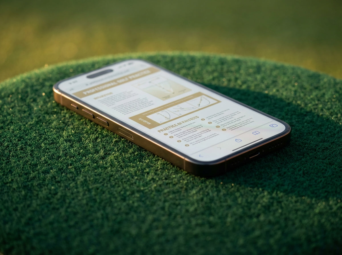The drill system displayed on iPhone lying on putting turf